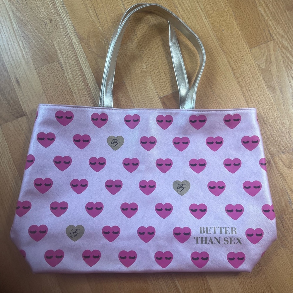 Too Faced Pink and Gold Heart Pattern Tote